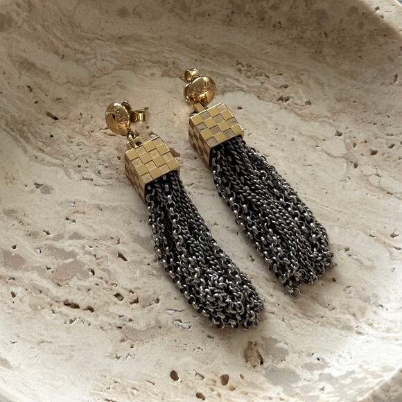Louis Vuitton Damier Charlie Drop Tassel Chain Two Tone Brass Earrings Jewelry - Picture 2 of 8